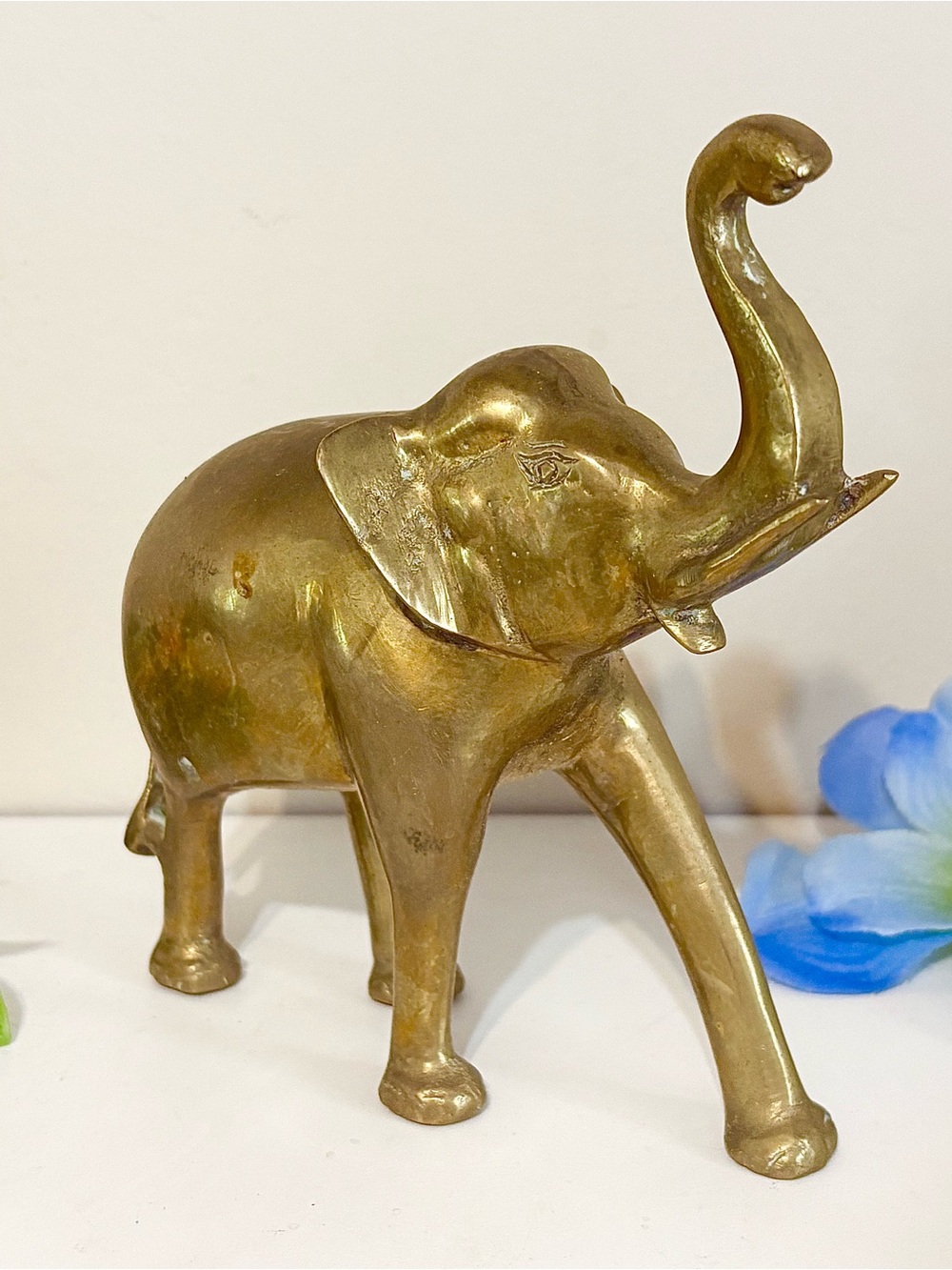Vintage Solid Brass Elephant Statue Raised Trunk Good Luck Bohemian Home Decor